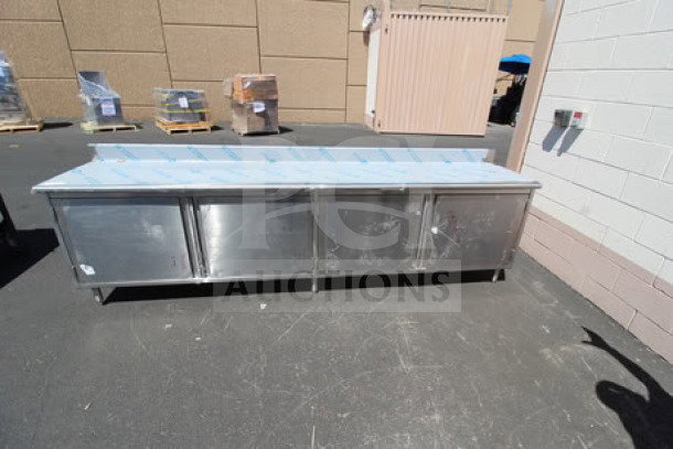 Brand new Eagle Group CBH24120SE-BS work table, 24"x120", cabinet base, 4.5" backsplash, scratch-n-dent condition.