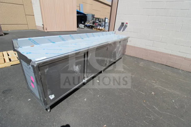 BRAND NEW Eagle Group CBH24120SE-BS 24"x120" work table with cabinet base, 4.5" backsplash, minor scratches. S/N: 2604231710.
