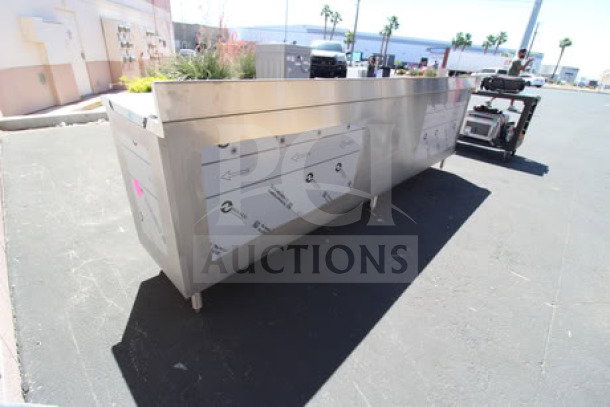 Brand new Eagle Group CBH24120SE-BS work table, stainless steel, 24" x 120", with cabinet base and 4.5" backsplash.