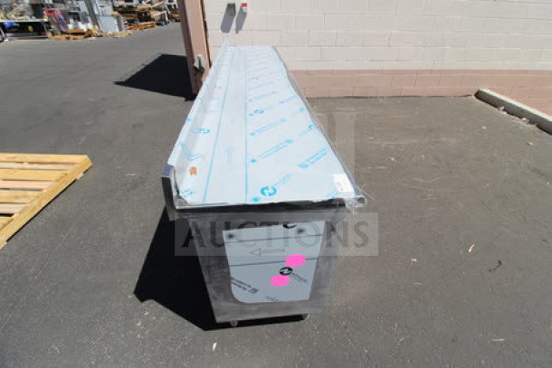 Eagle Group 24" x 120" stainless steel work table with cabinet base, 4.5" backsplash, new condition, model CBH24120SE-BS.