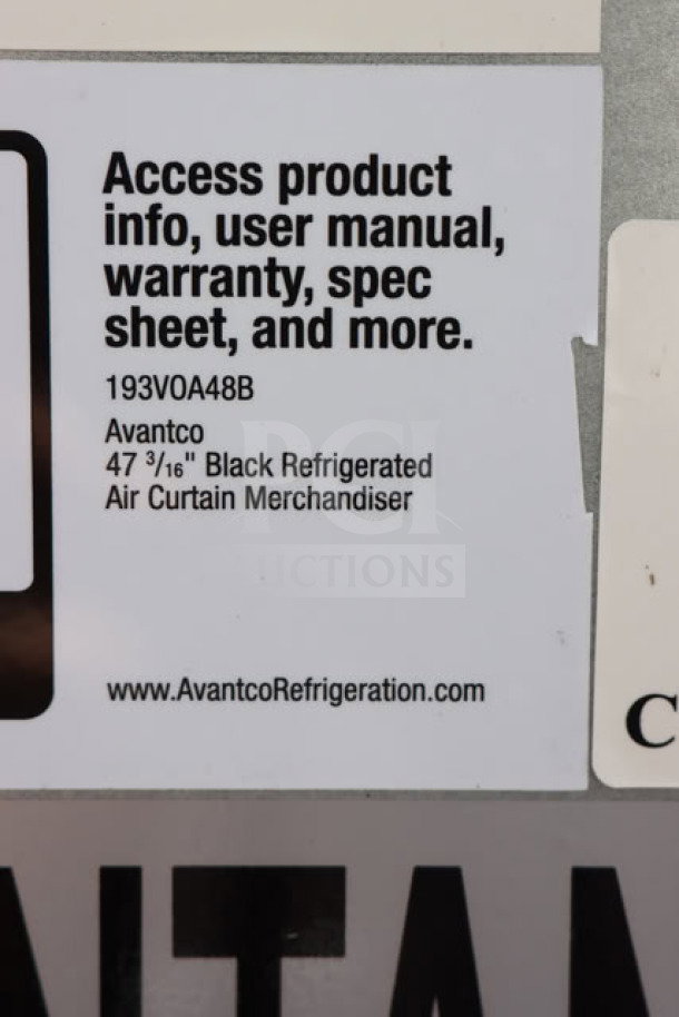 Brand new Avantco VOA-48-B black open air merchandiser, 47 3/16" wide, LED lighting, 115V. Tag shows serial number and model details.