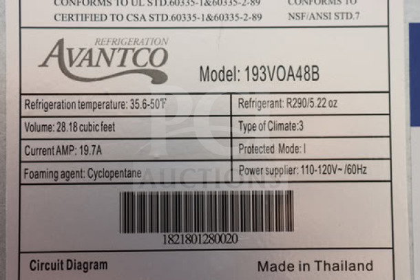 Brand new Avantco VOA-48-B vertical open air merchandiser, 47" width, LED lighting, 115V; Scratch-N-Dent condition. Serial: 1821801280020.
