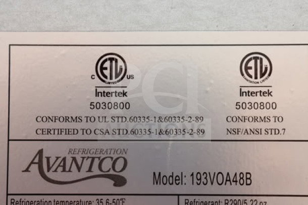 Avantco VOA-48-B label showing ETL certifications and refrigeration details. Model: 193VOA48B.