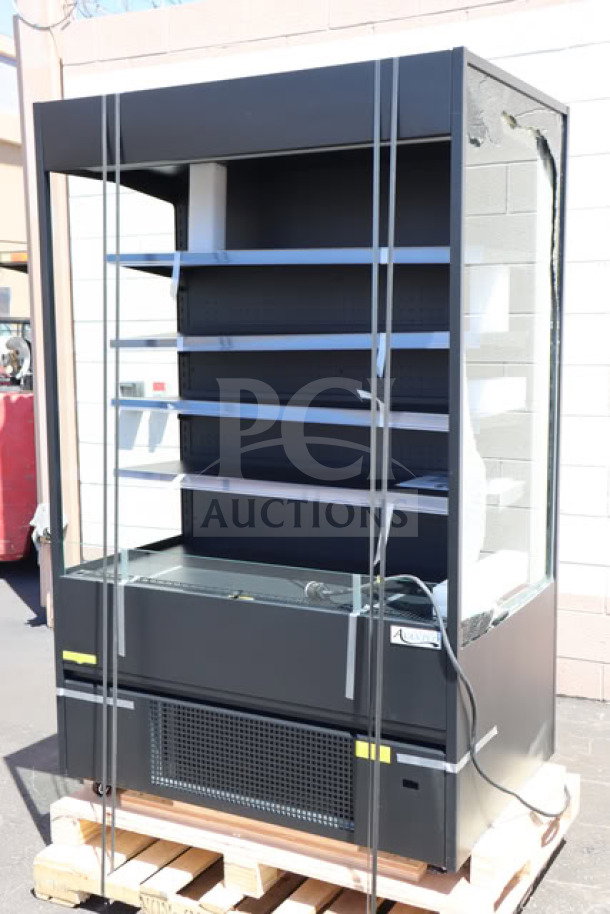 Brand new Avantco VOA-48-B open air merchandiser, black, extra deep, LED lighting, scratch-n-dent, model number visible.