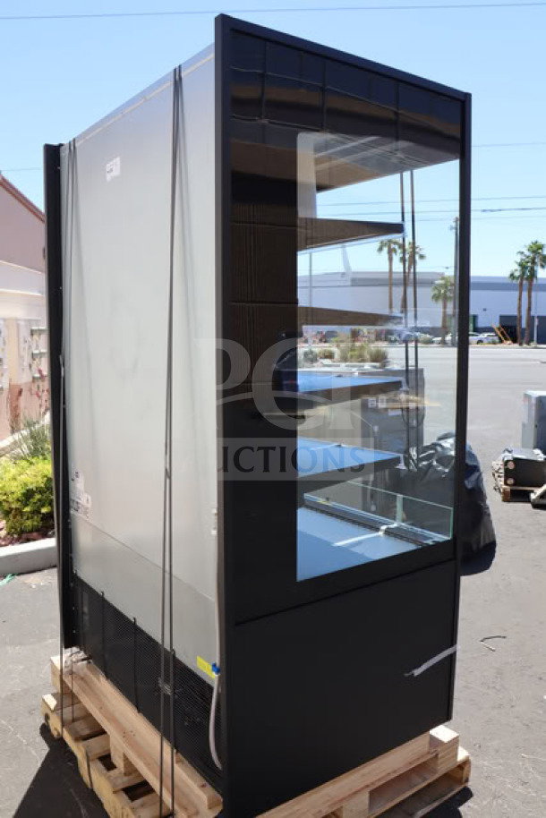 Brand new Avantco VOA-48-B open air merchandiser, black finish, LED lighting, extra deep, slight dents visible. Serial 1821801280020.