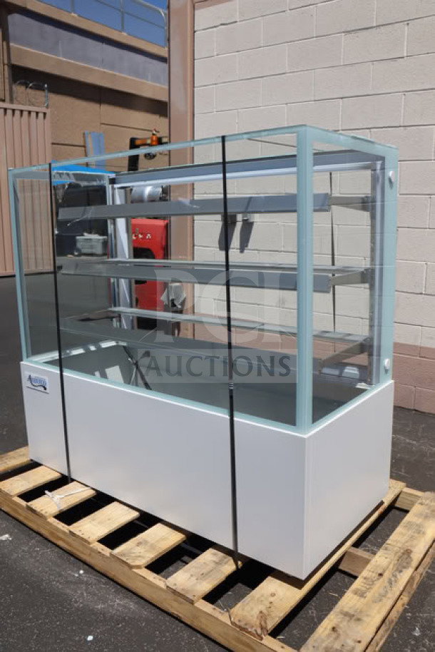 Brand new Avantco BCFD-60 bakery display case with LED lighting, 59 1/8" wide, white, front glass broken, 115V, 0.24A, 1 phase.
