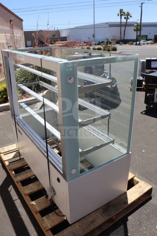 Brand new Avantco BCFD-60 bakery display case, 59 1/8", white, LED lighting, broken front glass, 115V, 0.24A, 1 phase.