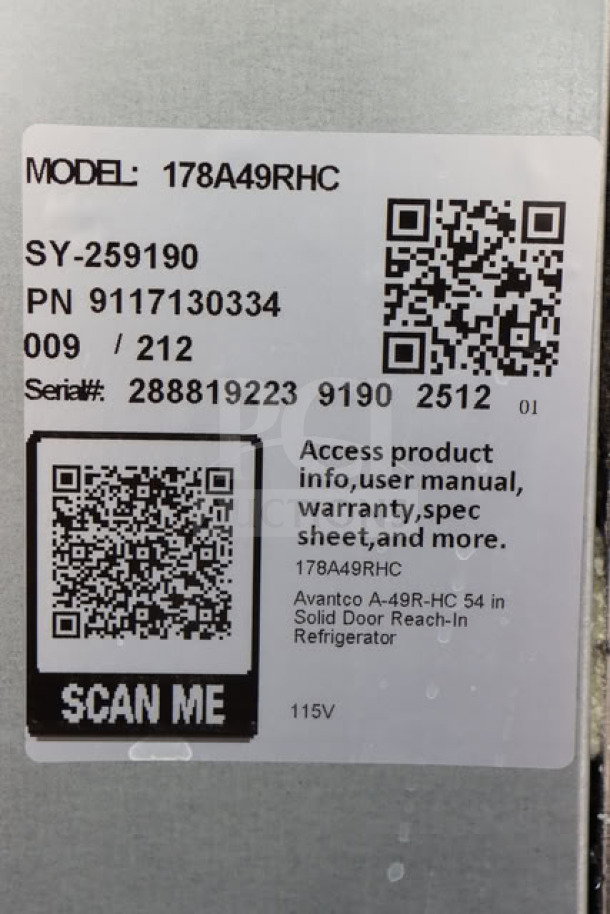 QR code label on Avantco A-49R-HC 54" Solid Door Reach-In Refrigerator, 115V, Serial: 288819223 9190 2512.