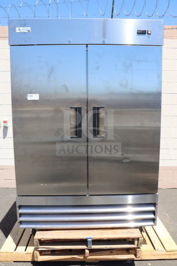 Brand new Avantco A-49R-HC 54" solid door reach-in refrigerator, stainless steel, 115V, minor dings. Serial: 288819223 9190 2512.