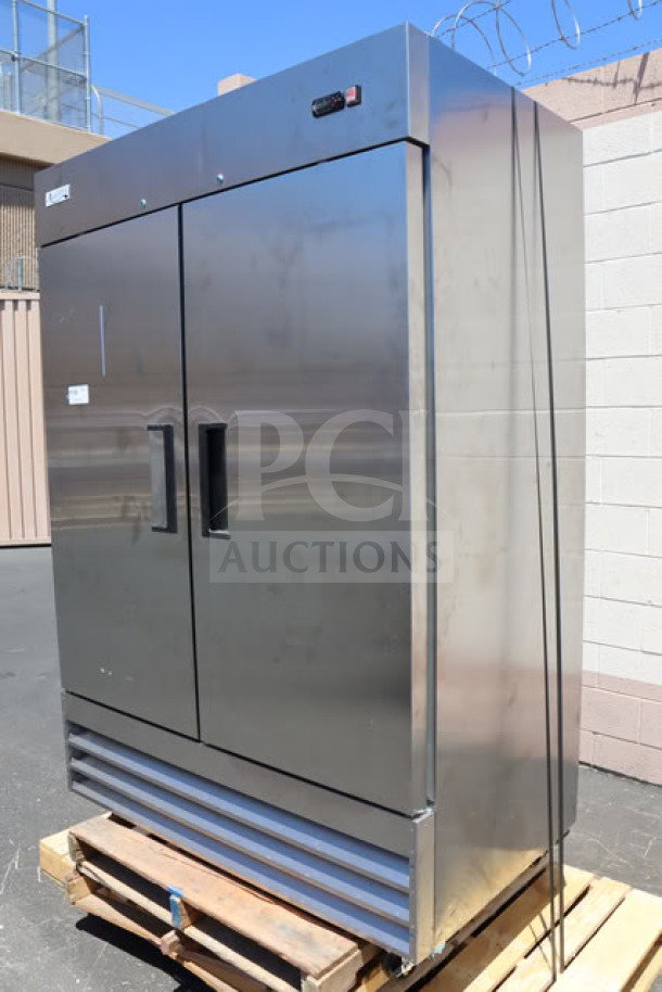 Brand new Avantco A-49R-HC 54" solid door reach-in refrigerator with slight dings, 115V, 6.2A, on pallet.