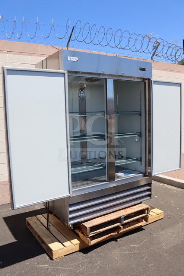 Brand new Avantco A-49R-HC 54" reach-in refrigerator, 115V, minor dings, dual solid doors open, model label visible.