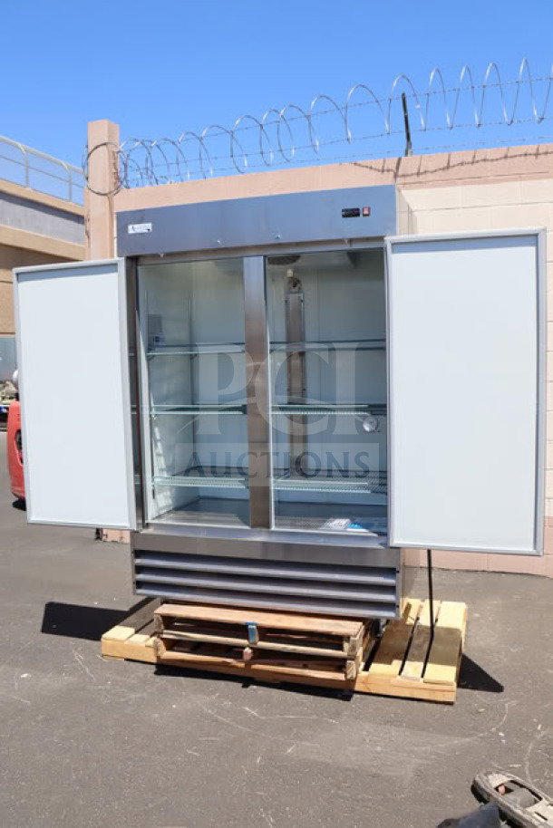 Brand new Avantco A-49R-HC 54" solid door reach-in refrigerator, 115V, 6.2A. Slight dings visible. S/N: 288819223 9190 2512.