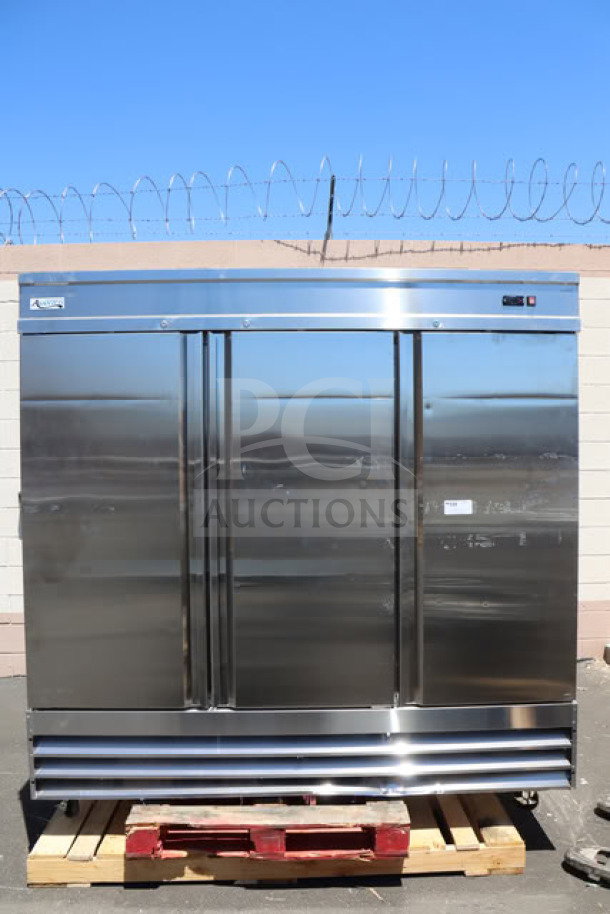 Avantco SS-3F-HC stainless steel reach-in freezer, three solid doors, scratch-n-dent, model SS-3F-HC, 115V, new condition.