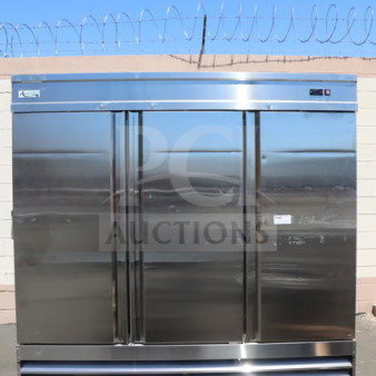 Avantco SS-3F-HC stainless steel reach-in freezer, three solid doors, scratch-n-dent, model SS-3F-HC, 115V, new condition.