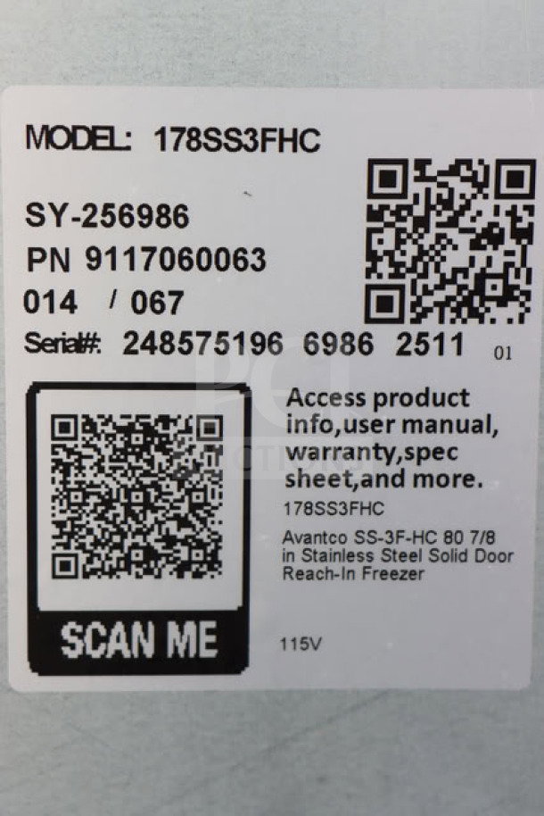 Label for Avantco SS-3F-HC Freezer, 115V, showing model 178SS3FHC, serial 248575196, with QR codes for product info.