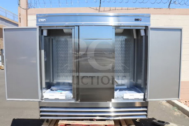 Brand new Avantco SS-3F-HC 81" stainless steel reach-in freezer. Features solid doors, 115V, 12.5A, 1,440W. Serial#: 248575196.