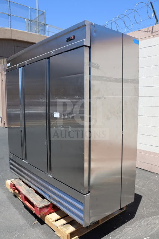 Brand new Avantco SS-3F-HC stainless steel reach-in freezer, 81" tall, scratch-n-dent, 115V, 1,440W, working condition.