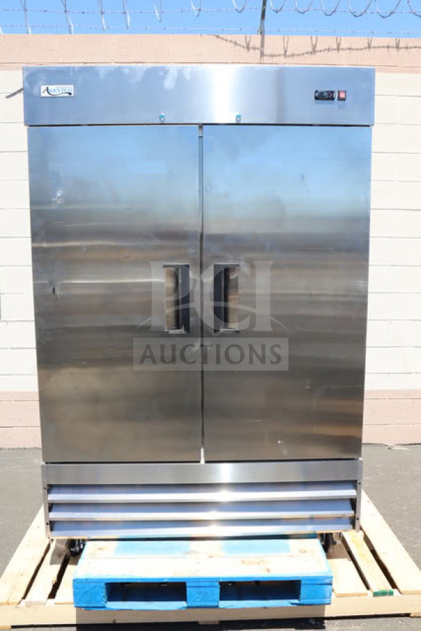 Brand new Avantco A-49F-HC 54" solid door reach-in freezer with minor scratches, stainless steel, 115V, 8.5A, 780W.