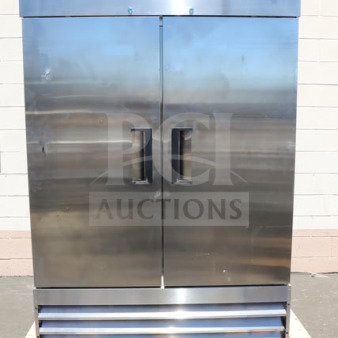 Brand new Avantco A-49F-HC 54" solid door reach-in freezer with minor scratches, stainless steel, 115V, 8.5A, 780W.
