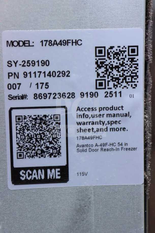 Label on Avantco A-49F-HC freezer showing model info, QR codes for manual and warranty, serial number 869723628 9190 2511.