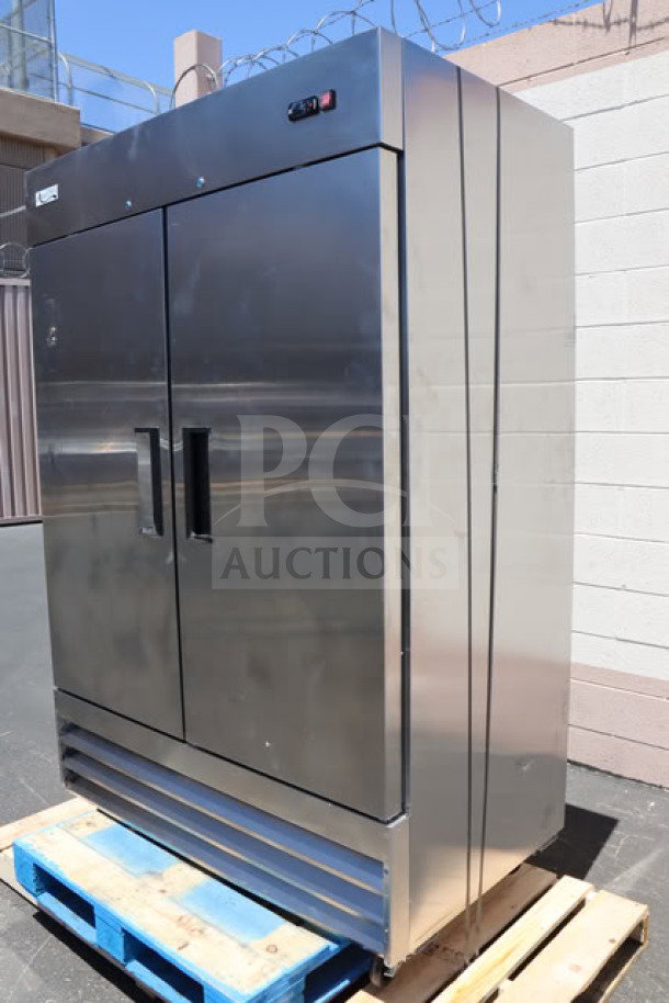 Brand new Avantco A-49F-HC 54" solid door reach-in freezer, scratch-n-dent condition, on pallet, stainless steel exterior.