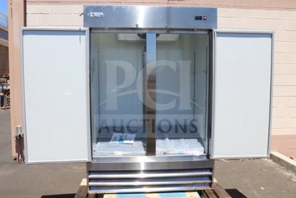 Brand new Avantco A-49F-HC 54" reach-in freezer, solid door, 115V, 8.5A, 1 phase, 780W, scratch-n-dent condition.