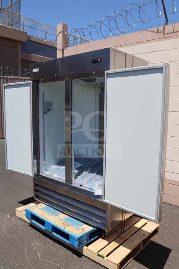Brand new Avantco A-49F-HC 54" solid door reach-in freezer, 115V, 8.5A, scratch-n-dent condition, on pallet.