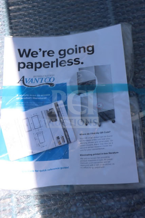 Brand new Avantco A-49F-HC 54" reach-in freezer packaging with product literature and QR code, labeled "We're going paperless."