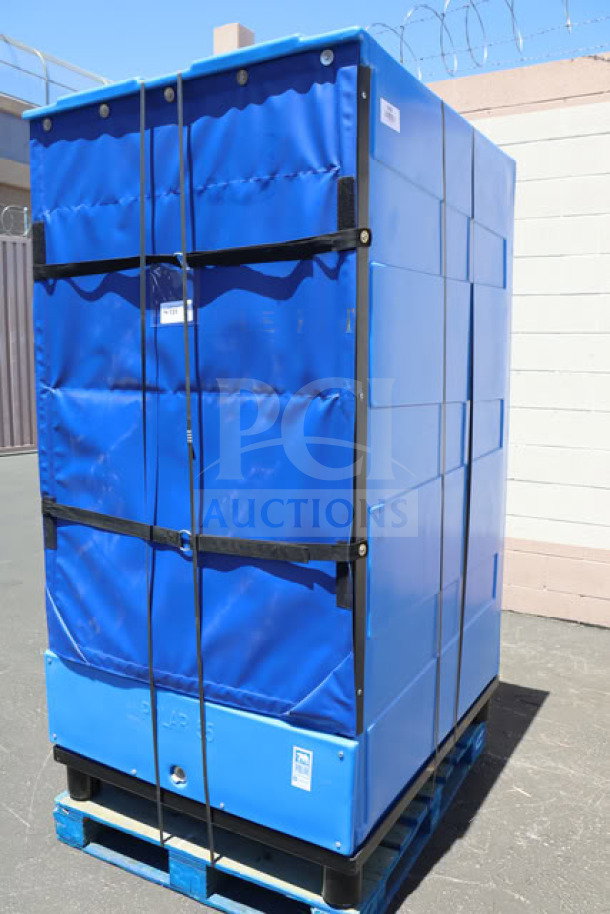 Brand new Bonar Plastics PB55 dry ice box, 55 cu. ft., minor scratches, blue, model 998PB55, on pallet.