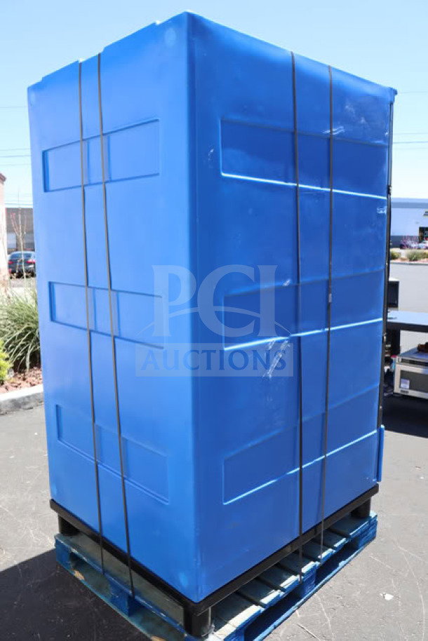 Brand new Bonar Plastics Polar PB55 dry ice box, 55 cu. ft., blue, superficial scratches, model 998PB55, strapped to a pallet.