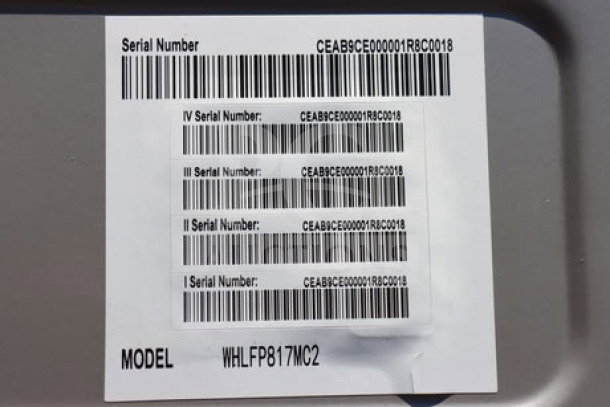 Crossover WHLFP817C2OPL, 3.5 cu. ft. front load electric washer label showing multiple serial numbers and model details.