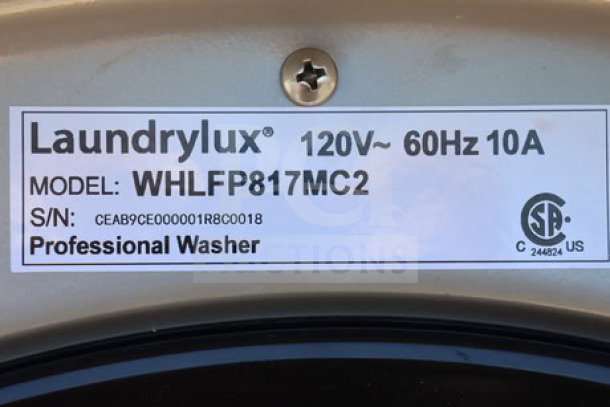 Alt text: "Label on Crossover commercial washer, model WHLFP817C2, showing 120V, 10A, S/N: CEAB9CE000001R8C0018."