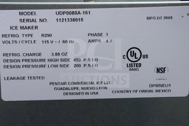 Manitowoc UDP0080A-161 ice machine tag, showing Model and Serial No. 1121338015, 115V, NSF certified, R290 refrigerant.