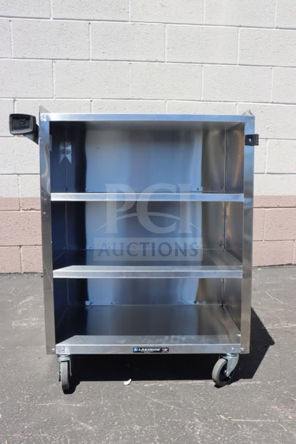 Lakeside 615 stainless steel 4-shelf utility cart, new with minor scratches, 16.5x27.75x32.75 inches, enclosed base.