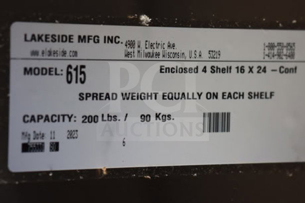 Lakeside 615 utility cart label, model 615, weight capacity 200 lbs., enclosed 4 shelves, minor scratches noted.