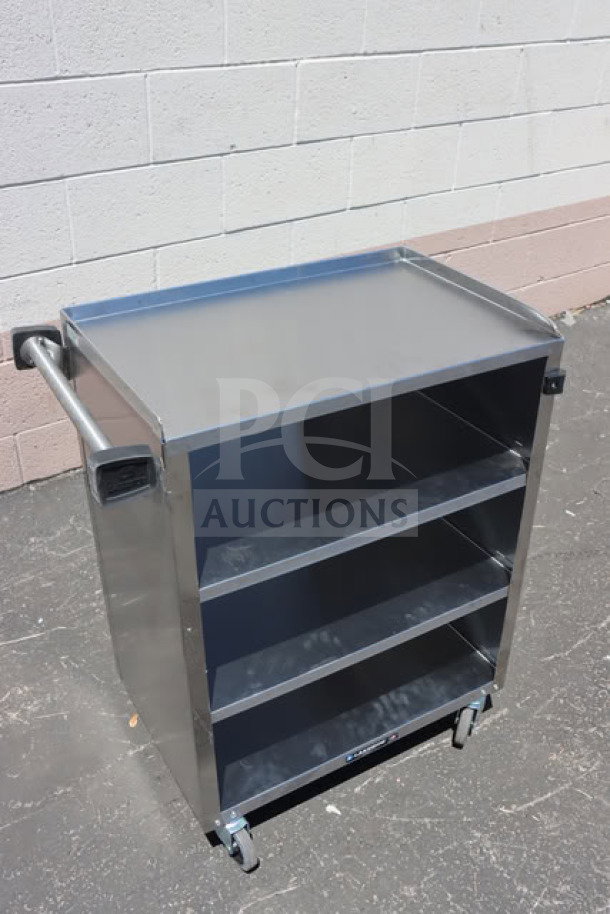 Brand new Lakeside 615 stainless steel utility cart with enclosed base, 4 shelves, minor scratches, dimensions 16.5"x27.75"x32.75".