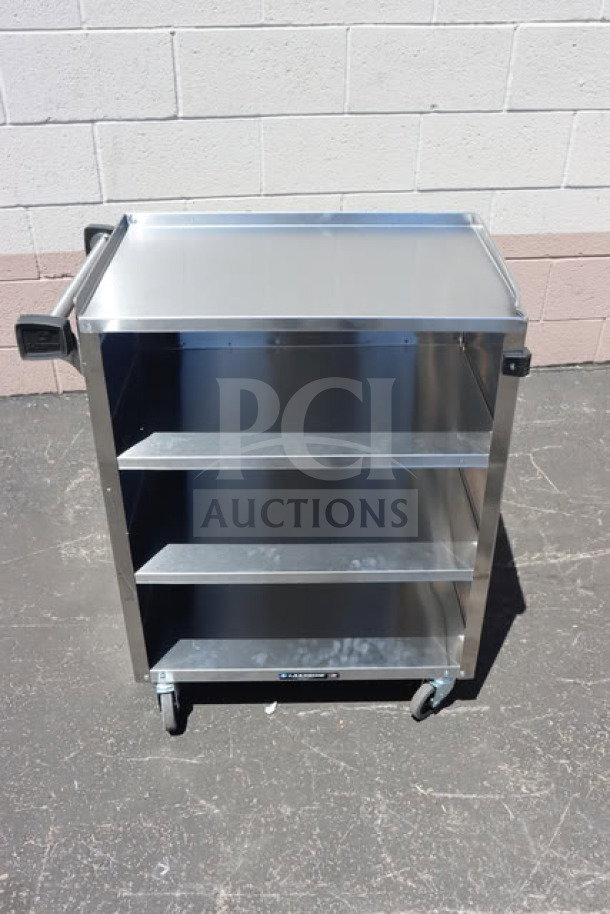 Brand new Lakeside 615 stainless steel utility cart with 4 shelves, enclosed base, minor scratches and dings, 16.5x27.75x32.75".