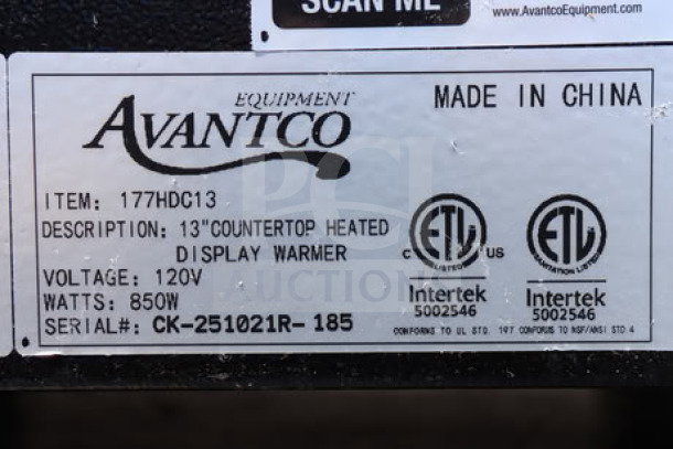Avantco HDC-13 display case label detailing item number 177HDC13, 120V, 850W, serial CK-251021R-185, made in China.