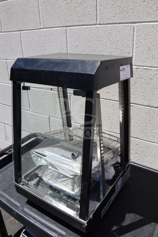 Avantco HDC-13 countertop heated display case, black, 3 shelves, hinged doors, new condition, serial CK-251021R-185.