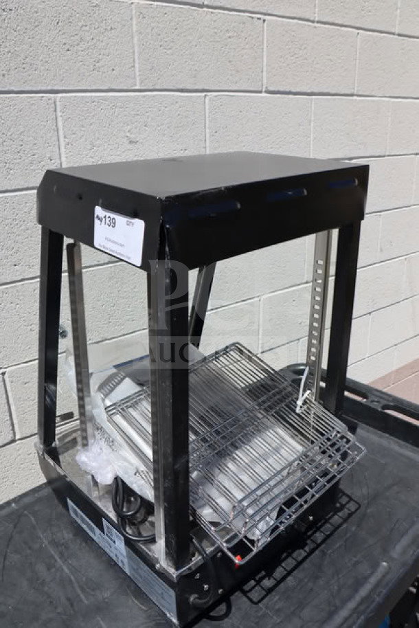 Brand new Avantco HDC-13 heated display case, 3 shelves, hinged doors, black frame, scratch-n-dent condition, 120V, 850W.