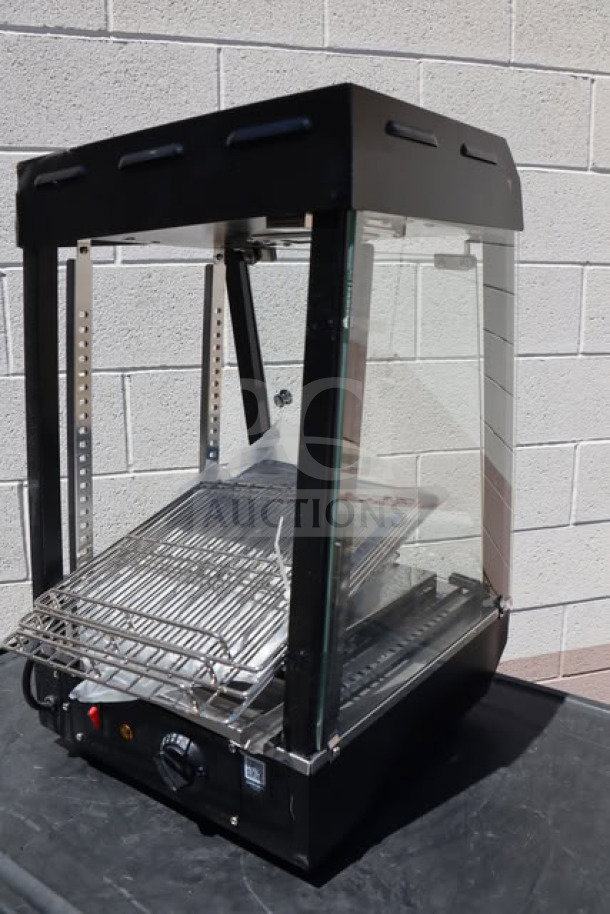 Brand new Avantco HDC-13 heated display case, 3 shelves, self/full service, hinged doors, 15", 120V, 850W.