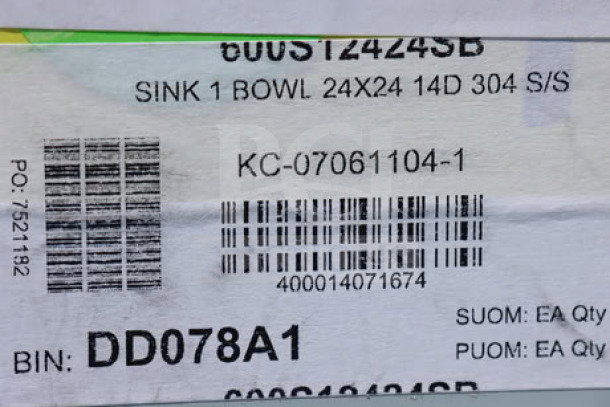 Regency 600S12424SB utility sink label showing model, size, and specifications in brand new condition.