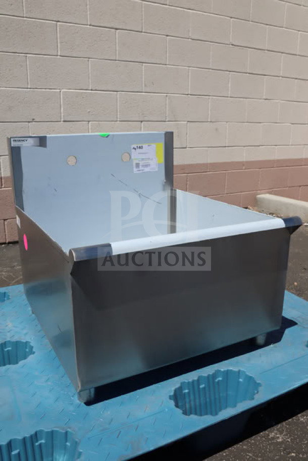 Regency 600S12424SB commercial utility sink; 24" x 24" x 13" bowl; new scratch-n-dent; visible labels and protective covers.