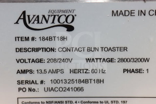 Brand new Avantco BT18H vertical contact conveyor bun toaster, 208/240V, 2800-3200W, serial number 1001325184BT18H.