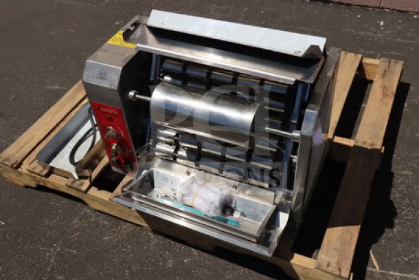 Brand new Avantco BT18H vertical contact conveyor bun toaster, 208/240V, 2800-3200W, scratch-n-dent condition, on pallet.