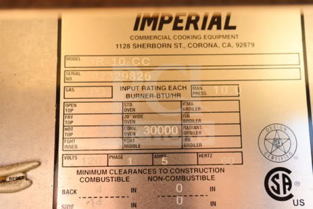New Imperial Range Pro Series IR-10-CC 10-burner LPG range with convection ovens, S/N: 02329826, 380,000 BTU, 120V.