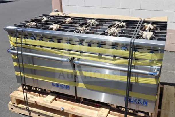 New Imperial Range Pro Series IR-10-CC LPG 10-burner 60" range, 2 convection ovens, 380,000 BTU. Minor scuffs, dents.