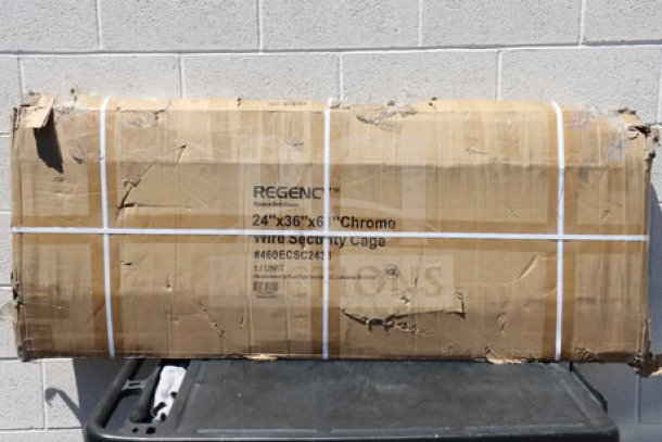 Brand new Regency 460ECSC2436 NSF chrome wire security cage in damaged box; size 24"x36"x61".