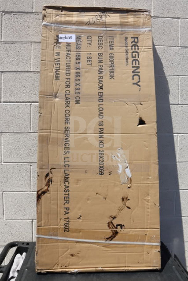 Brand new Regency 18 Pan End Load Bun/Sheet Pan Rack, model 600PR183K, unassembled, in original packaging with residue.
