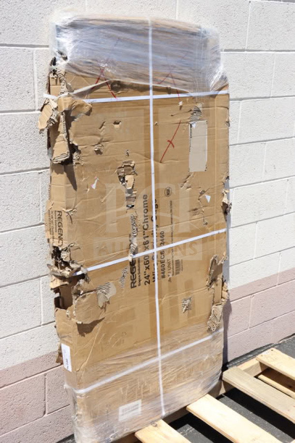 Brand new Regency 460ECSC2460 NSF Chrome Wire Security Cage in original packaging, 24" x 60" x 61". Packaging torn.